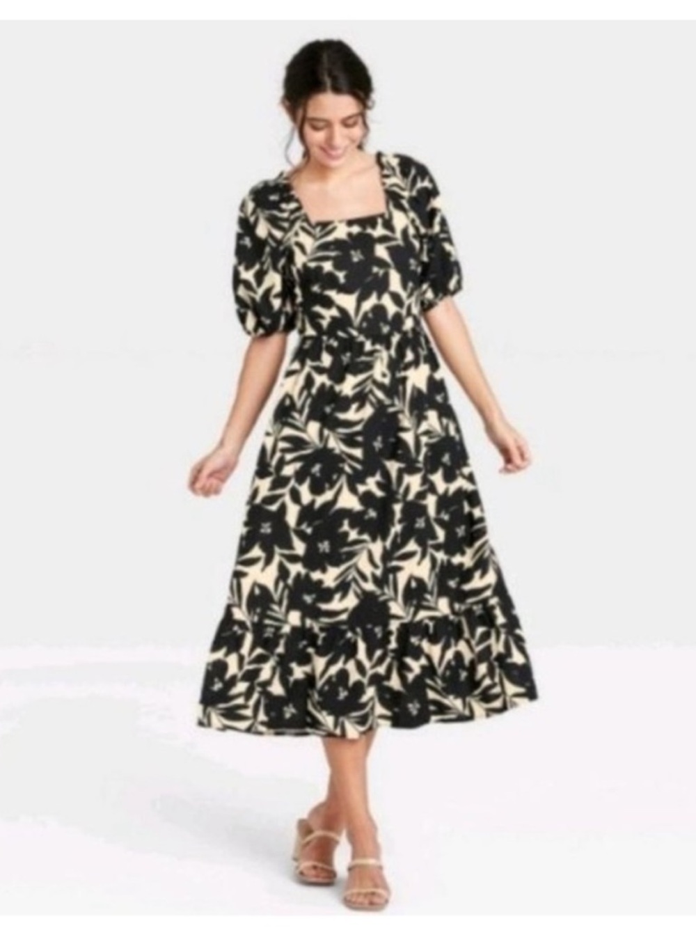 WHO WHAT WEAR Black and Cream Floral Open Back Midi Dress